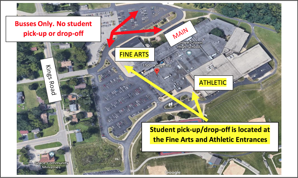 DCHS map indicating pick-up/drop-off locations at the Fine Arts and Athletic entrances DCHS map indicating pick-up/drop-off locations at the Fine Arts and Athletic entrances